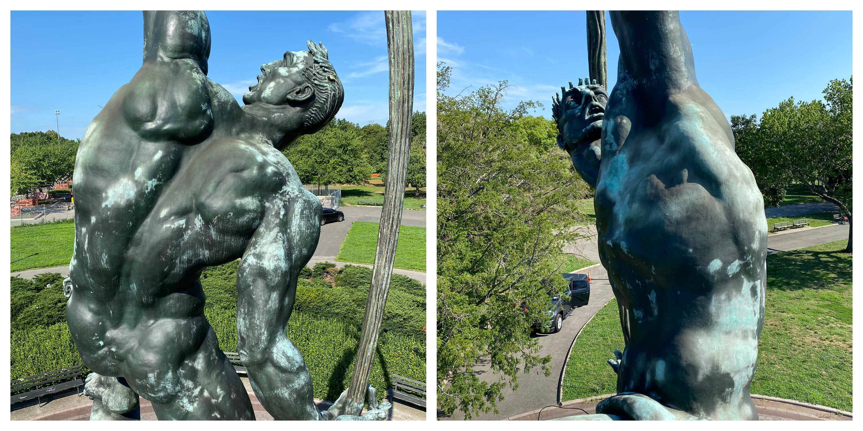 the Rocket Thrower statue before it was restored with a hot wax treatment