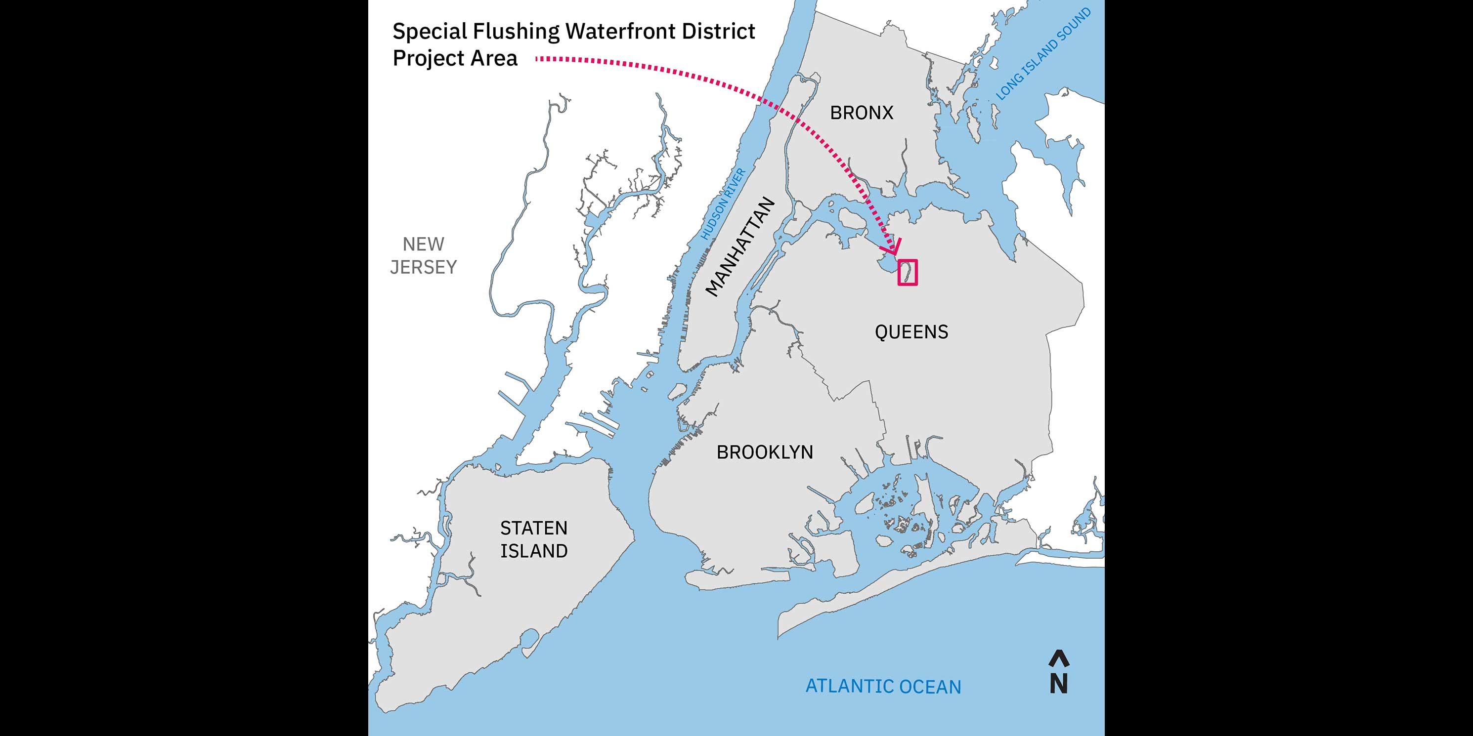 map of New York City with the Special Flushing Waterfront District highlighted