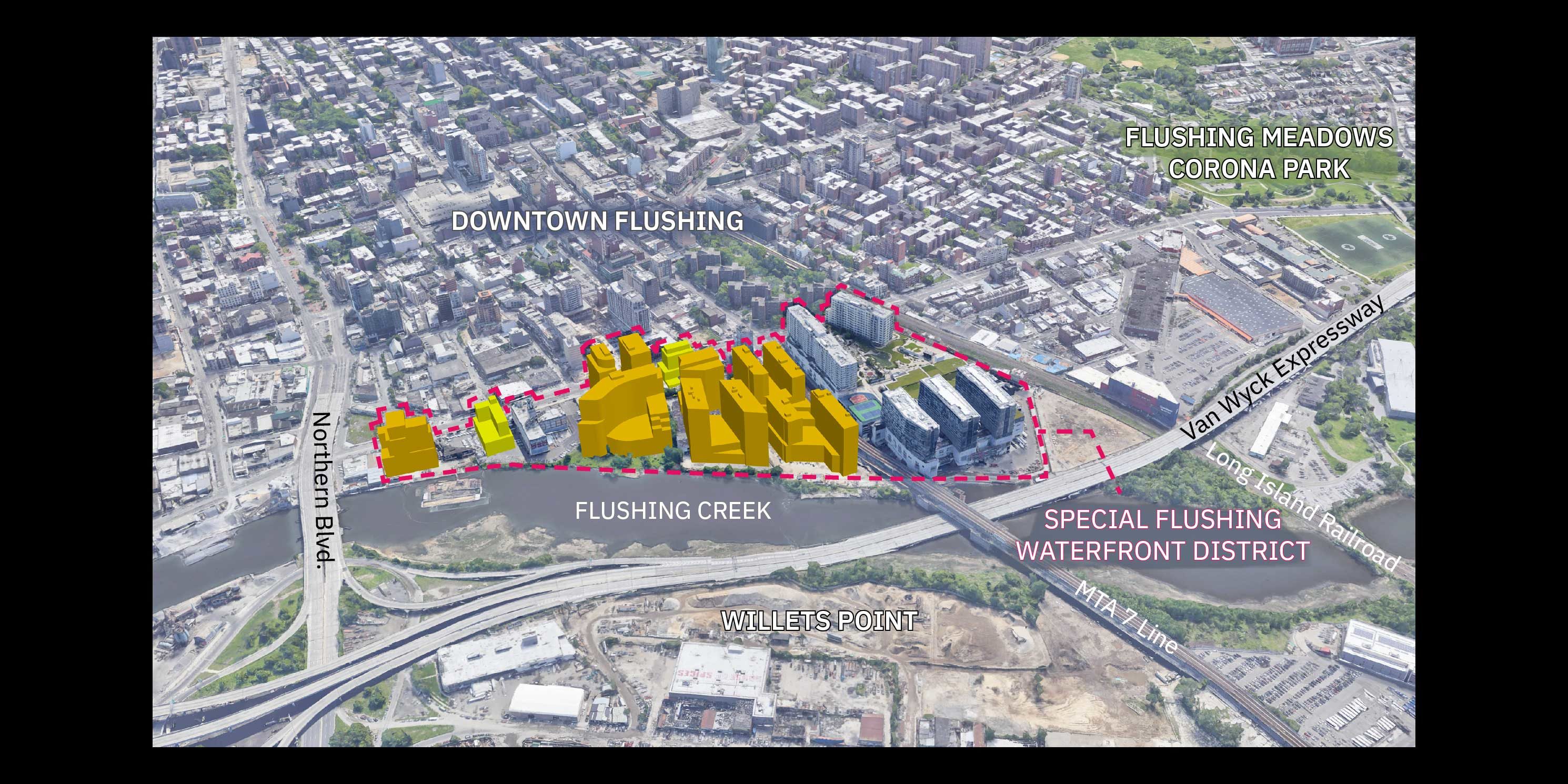 aerial view of the actual and proposed development in Flushing, Queens