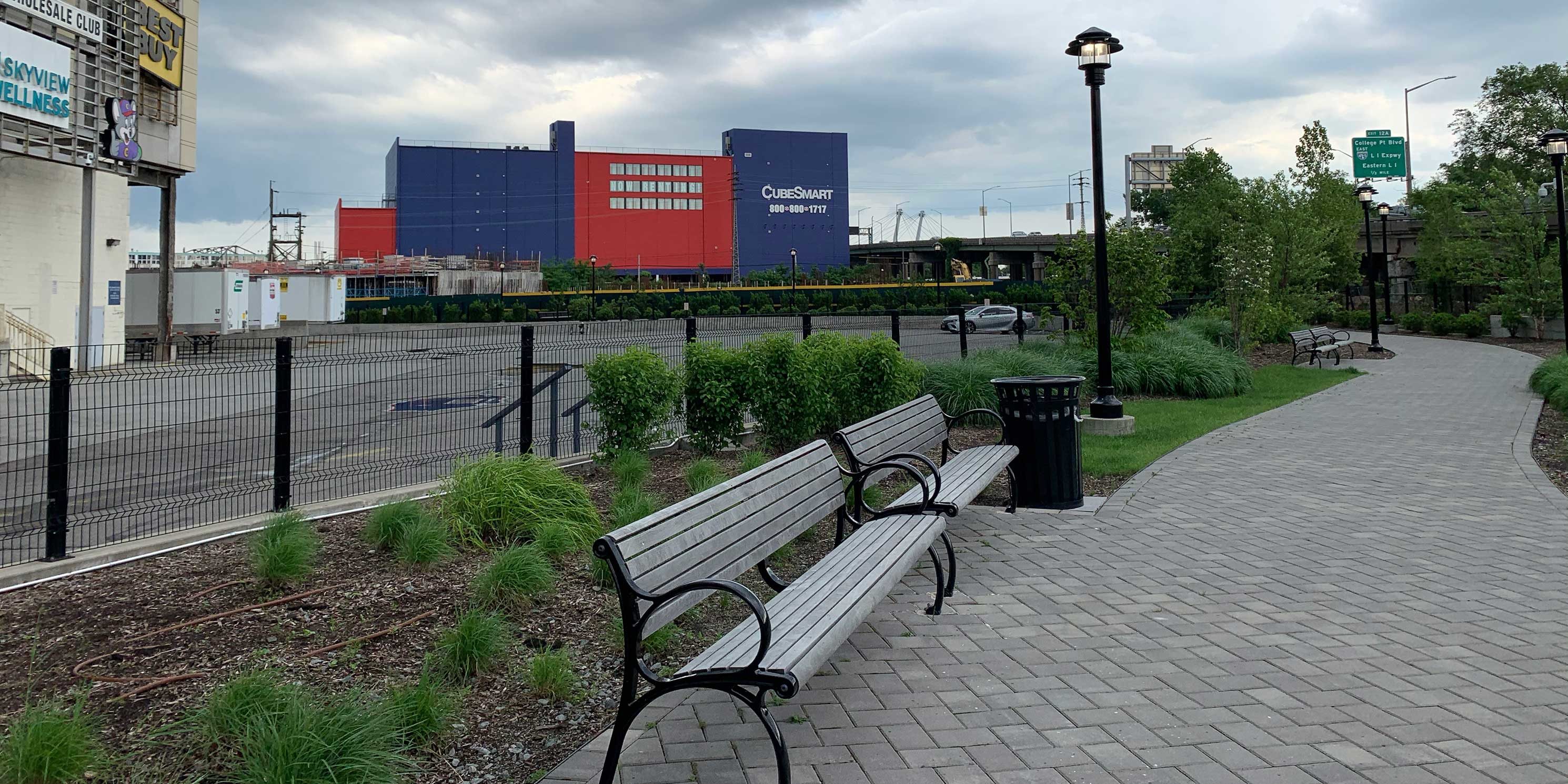 public walkway outside Sky View Parc in Flushing, Queens