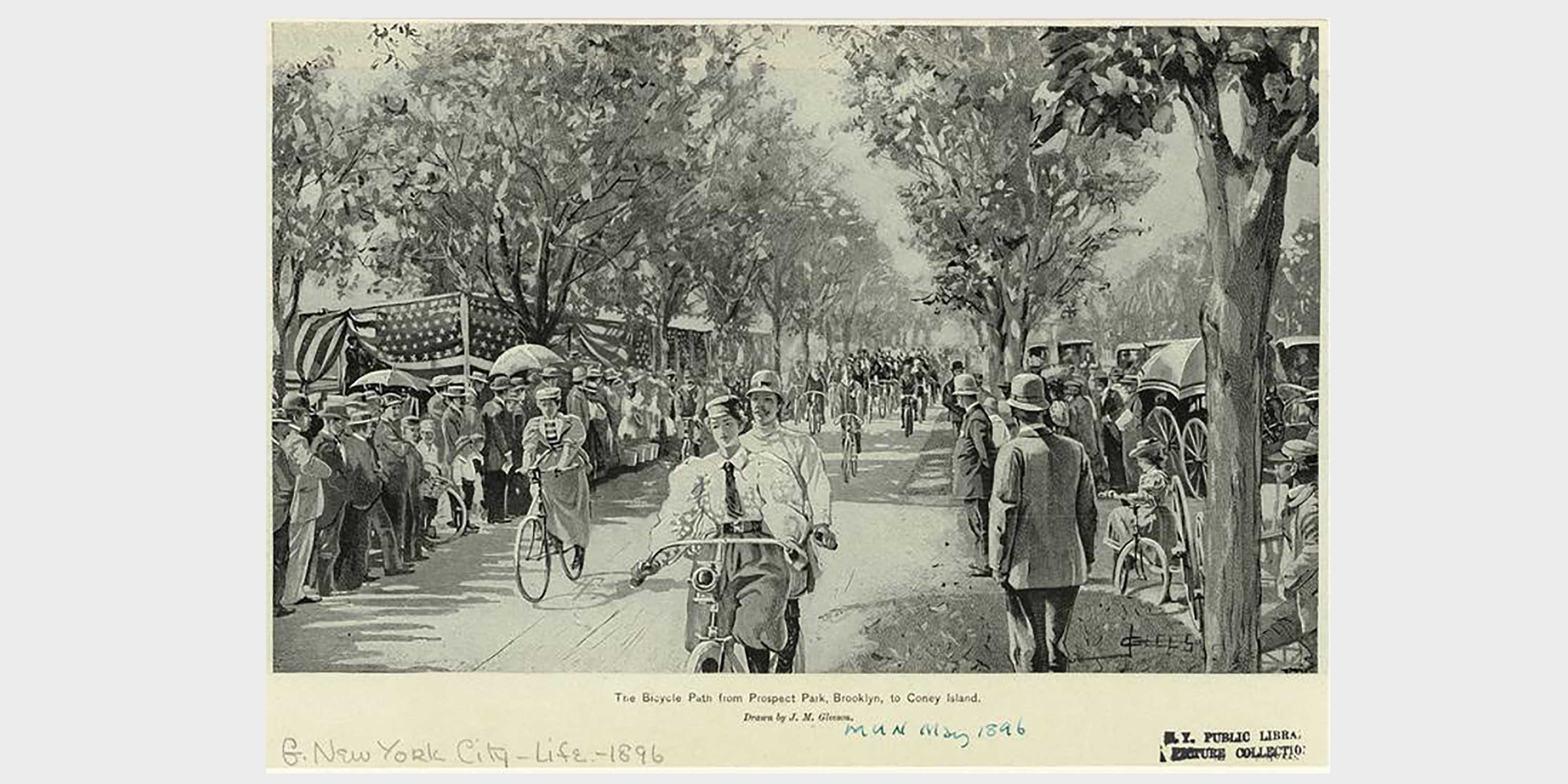 numerous cyclists ride on a bicycle path as people watch from roadside, 1896