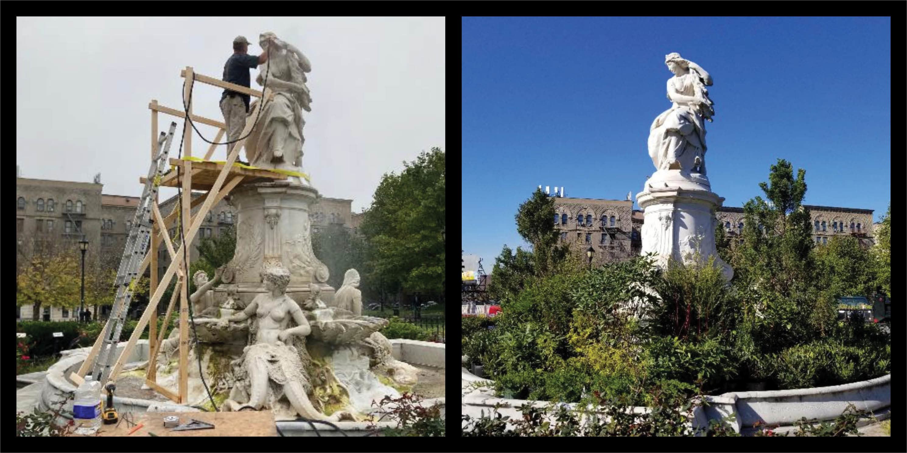 Before and after photos of the Die Lorelei Monument restoration