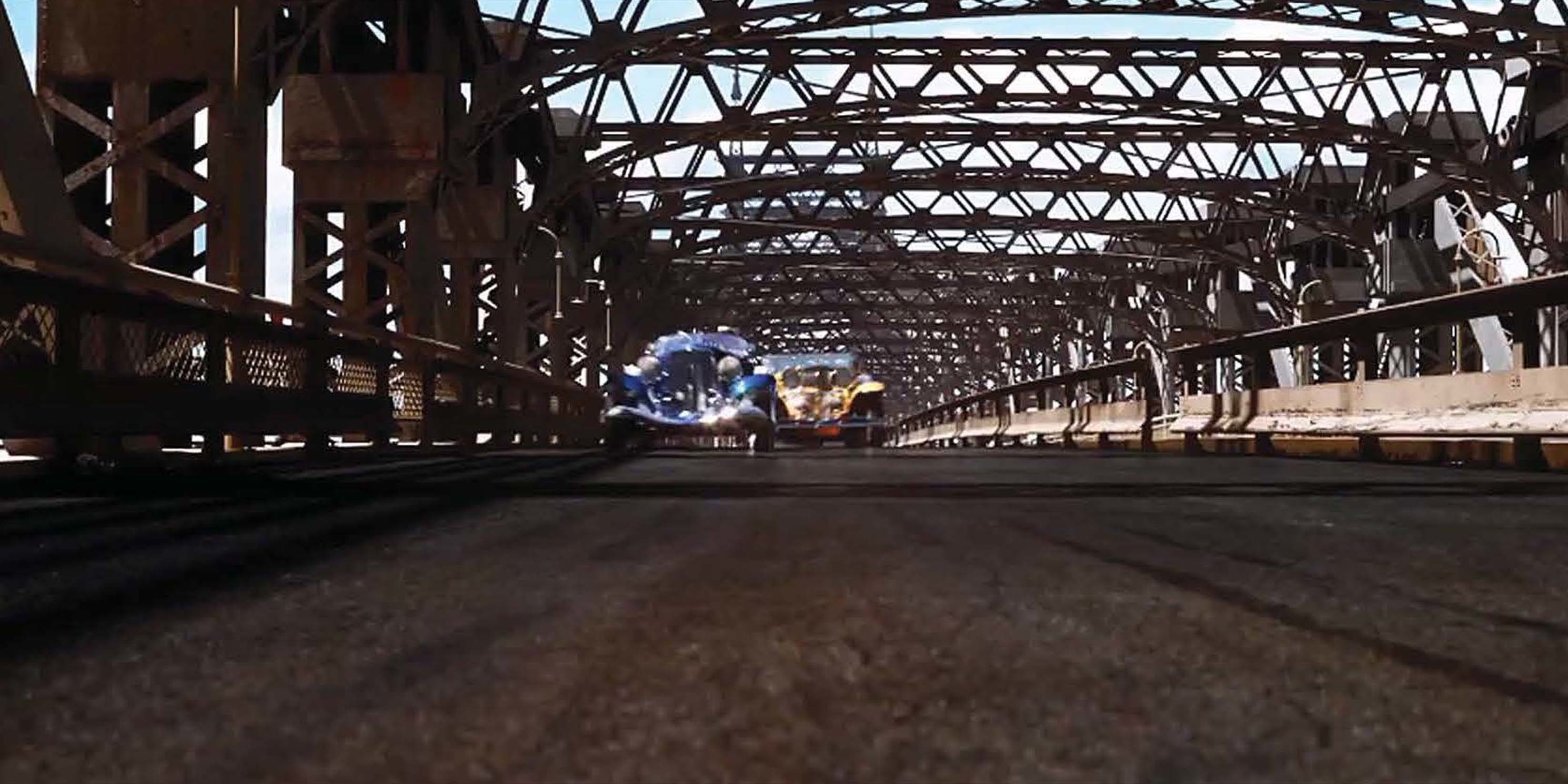 Scene from the movie, The Great Gatsby. Cars on Queensboro Bridge.