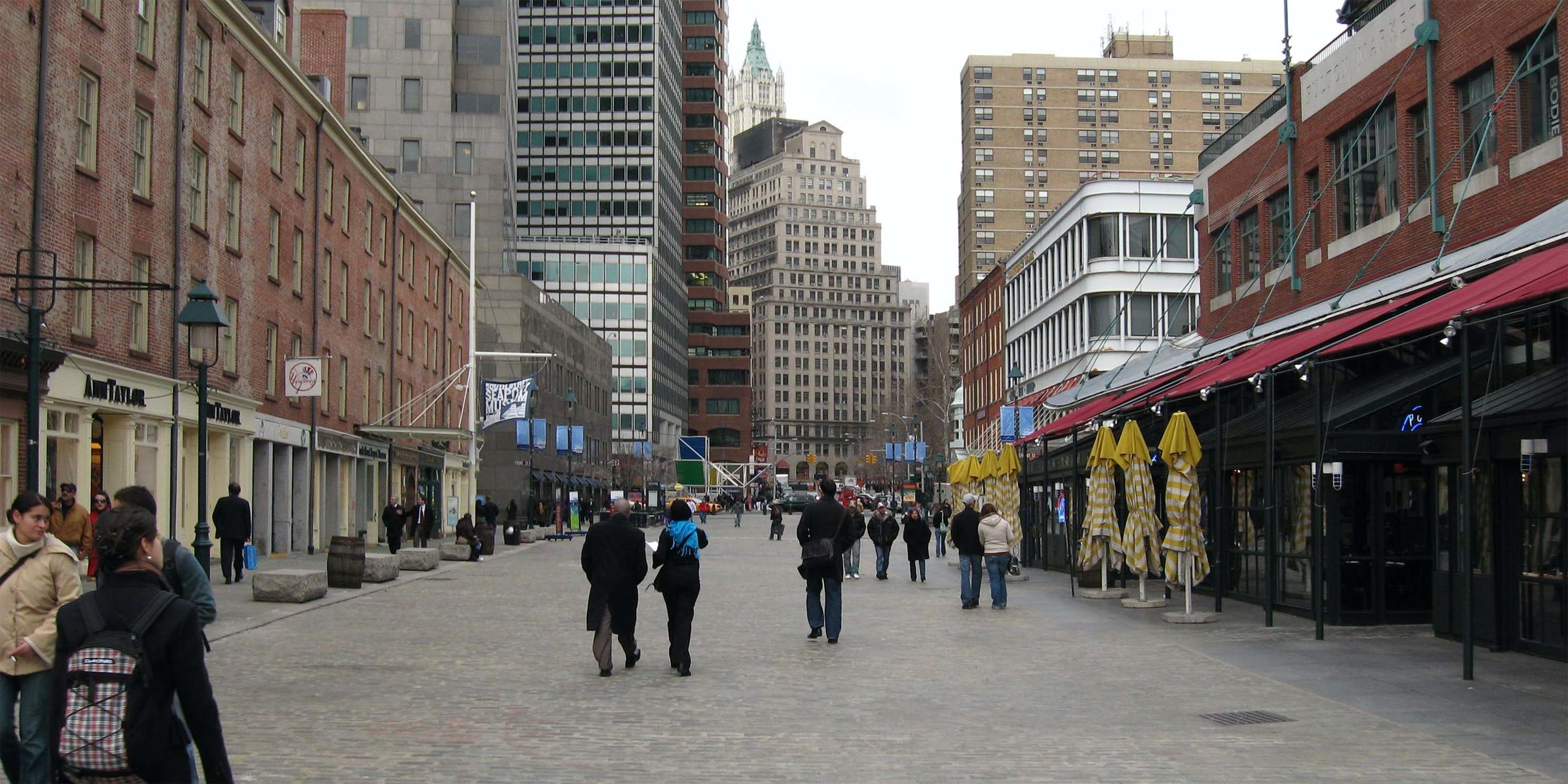 Schermerhorn Row, a cobblestone street at South Street Seaport